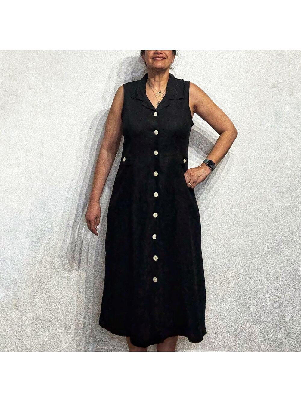 Erika Black Linen Blend Vintage Midi Dress Sz L